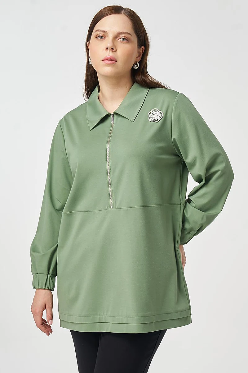 Fermuar Kapamalı Rayon Tunik Yosun Yeşili