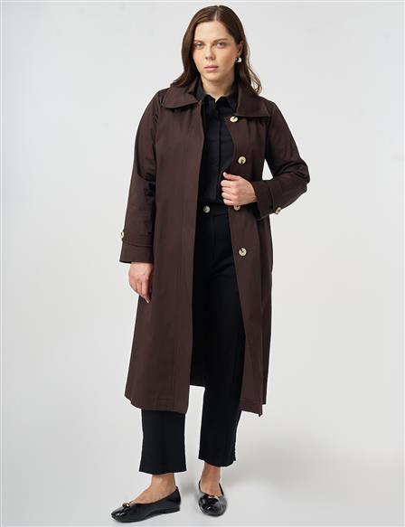 Geniş Yaka Trençkot Koyu Kahve 