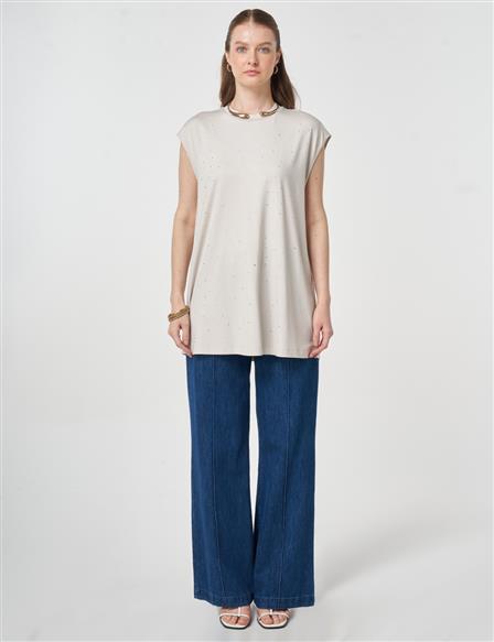 Hotfix Printed Sleeveless Knitted Blouse Light Grey