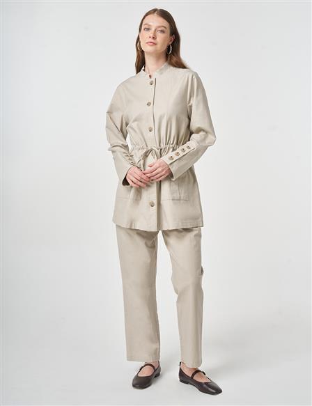 Button-Detail Cotton Two-Piece Set Stone