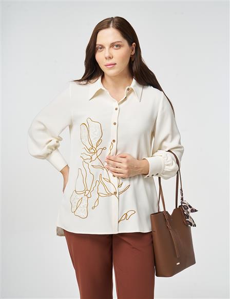 Nakış İşlemeli Krep Tunik Ekru