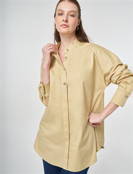 Punto Dikişli Pamuklu Tunik Açık Sarı