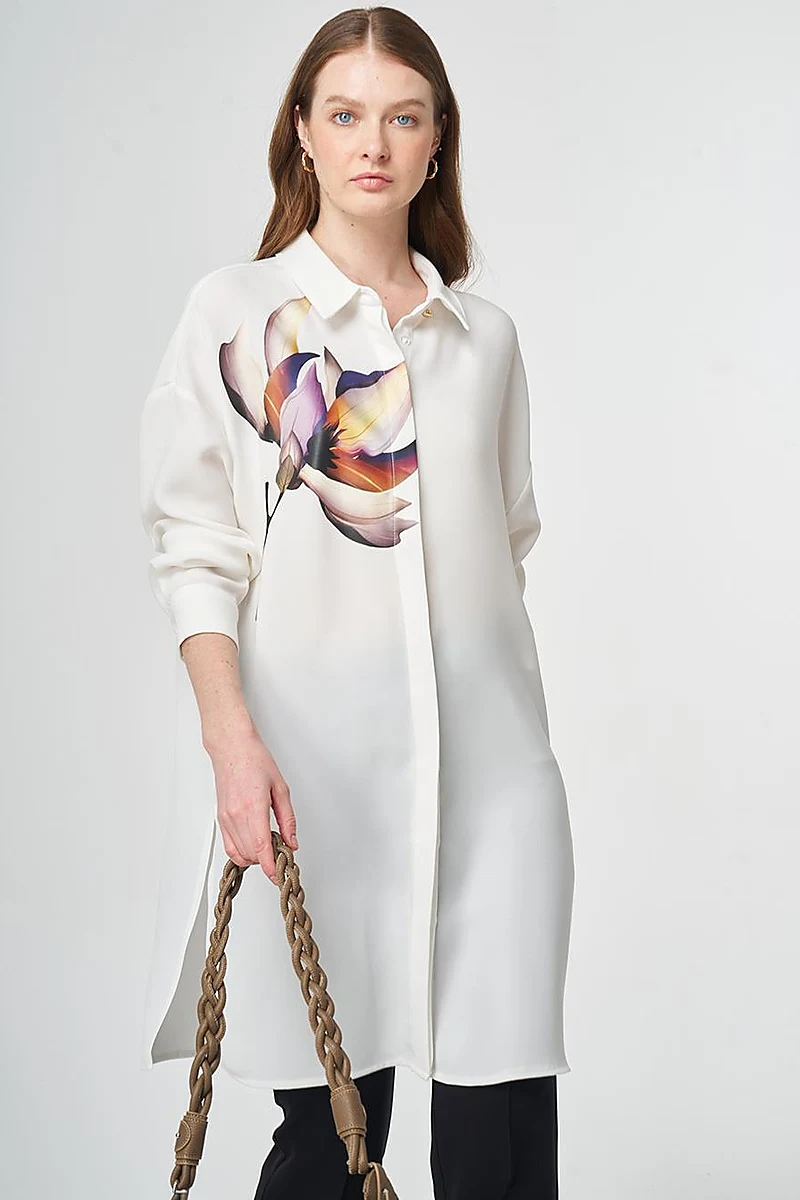 Printed Detail Crepe Tunic Optic White