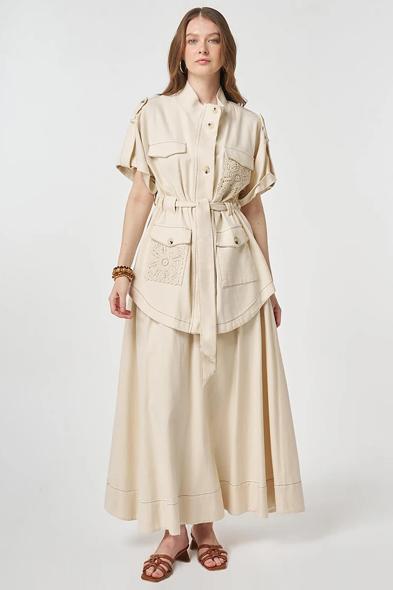 Broderie Trimmed Non-Denim Set Cream
