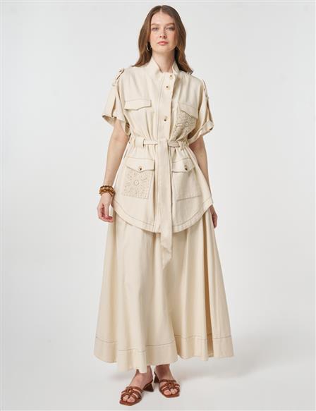 Broderie Trimmed Non-Denim Set Cream