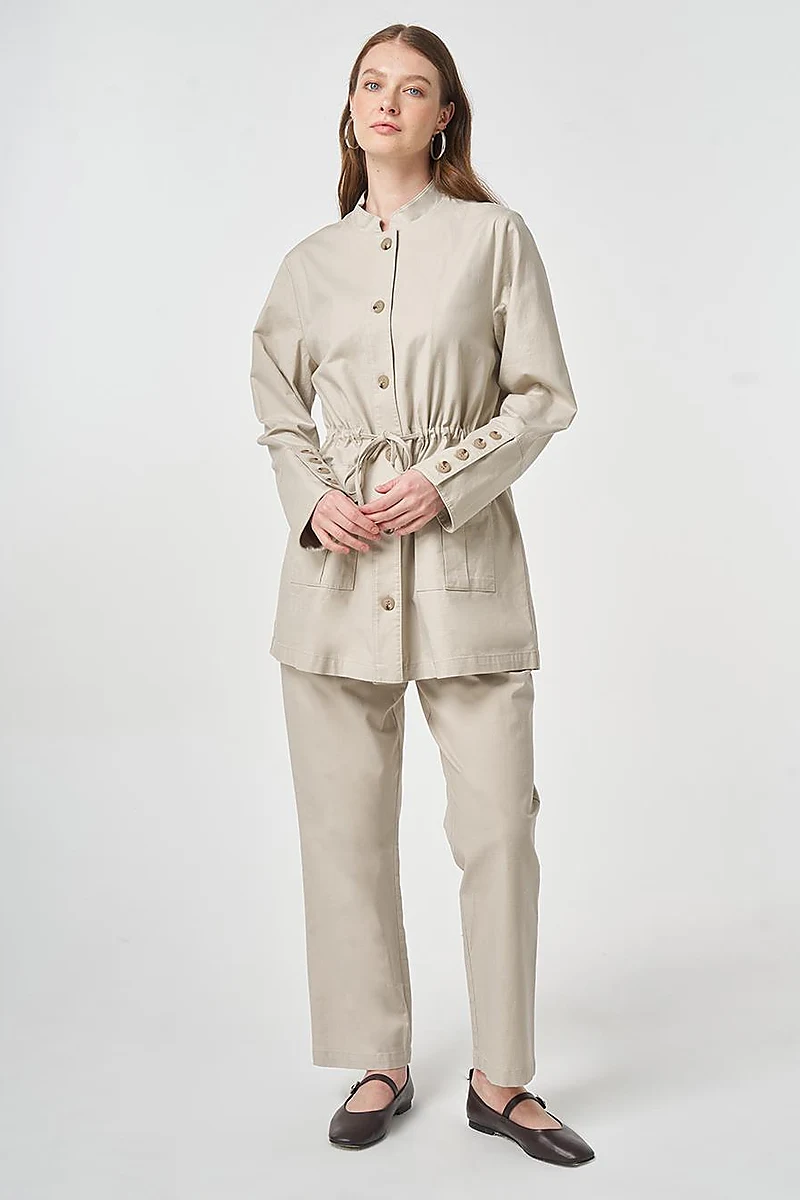 Button-Detail Cotton Two-Piece Set Stone