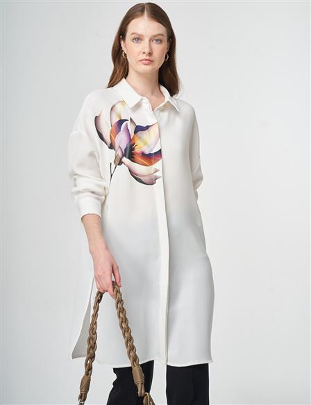 Printed Detail Crepe Tunic Optic White