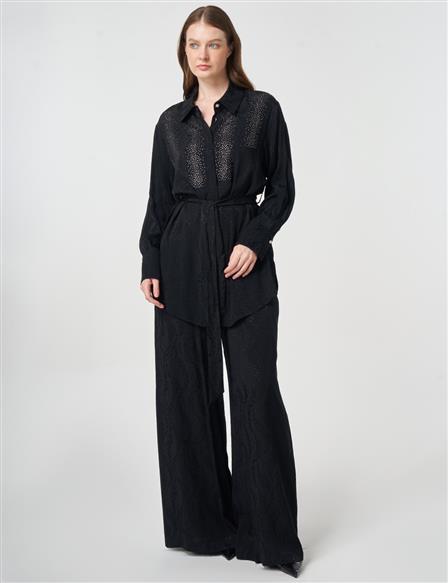 %100 Viskon Hotfix Baskılı İkili Takım Siyah