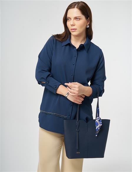 Striped Detail Shirt Collar Tunic Dark Navy