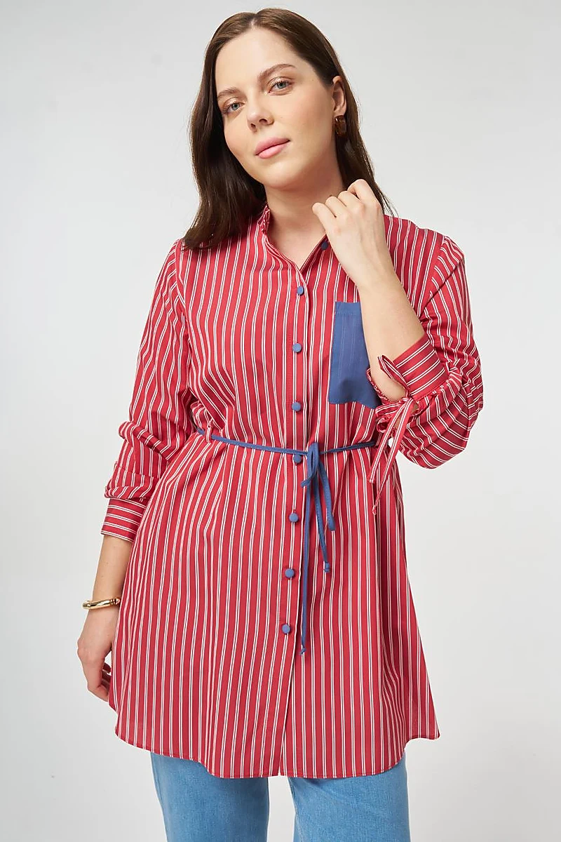 Waist Tie Viscose Tunic Red
