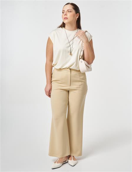 Elastic Waist Wide Leg Trousers Beige