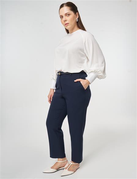 Slim-Belted Straight-Leg Pants Dark Navy