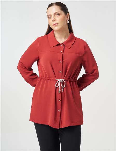Lace-Up Shirt Collar Tunic Brick Red