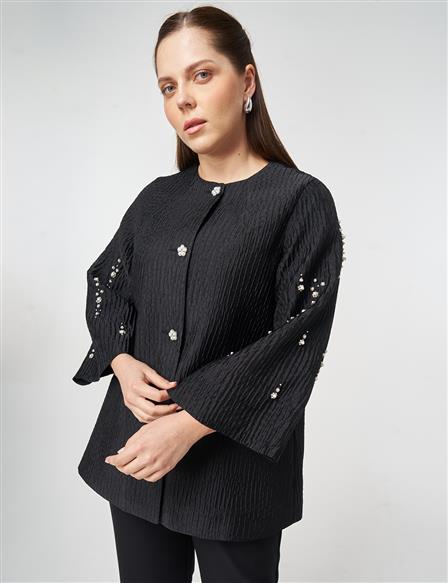 Pearl Buttoned Jacquard Jacket Black