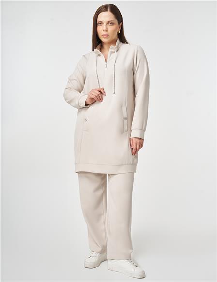 Button Detailed Two-Piece Set Light Gray