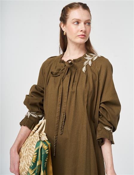 Cuff Detailed Non-Denim Dress Dark Khaki