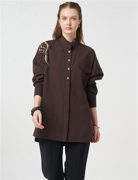 100% Cotton Embroidered-Shoulder Tunic Dark Brown