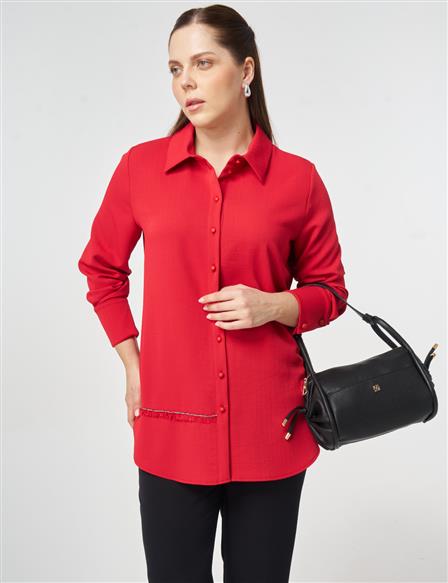 Striped Detail Shirt Collar Tunic Red
