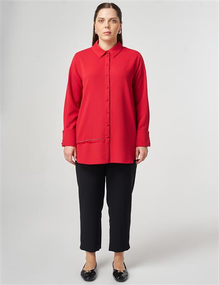 Şerit Detaylı Gömlek Yaka Tunik Kırmızı