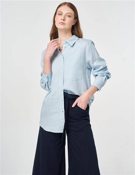 Single Pocket Cotton Lyocell Blouse Blue