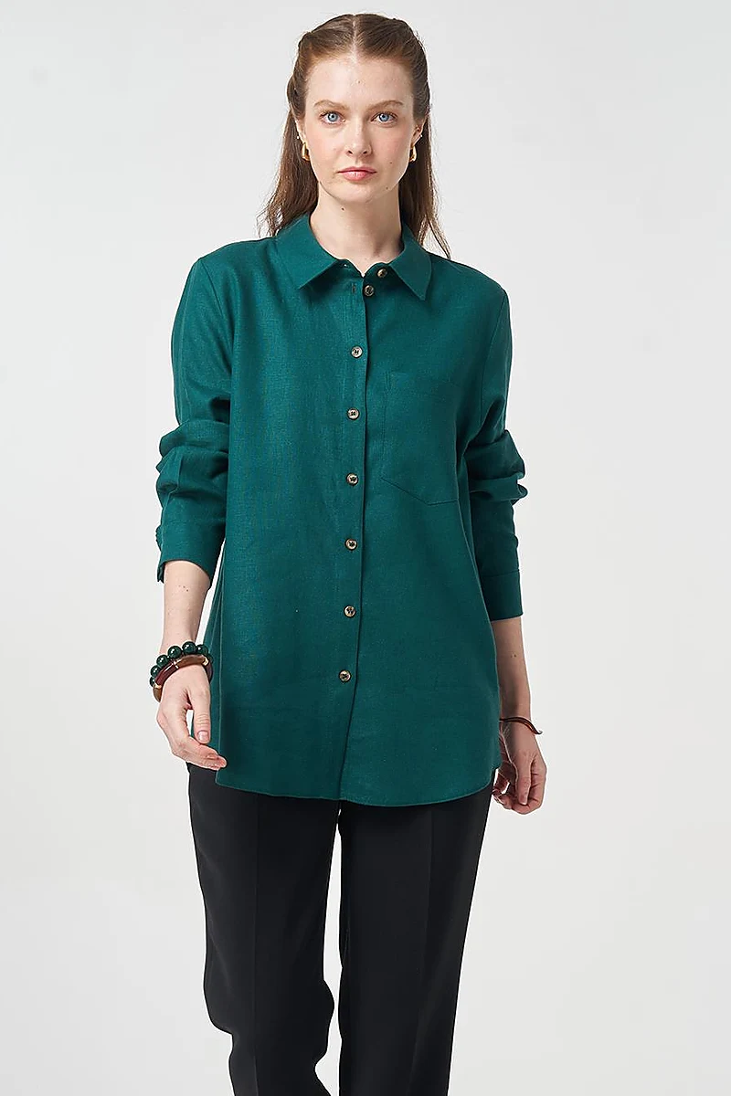 Single Pocket Cotton Lyocell Blouse Pine Green