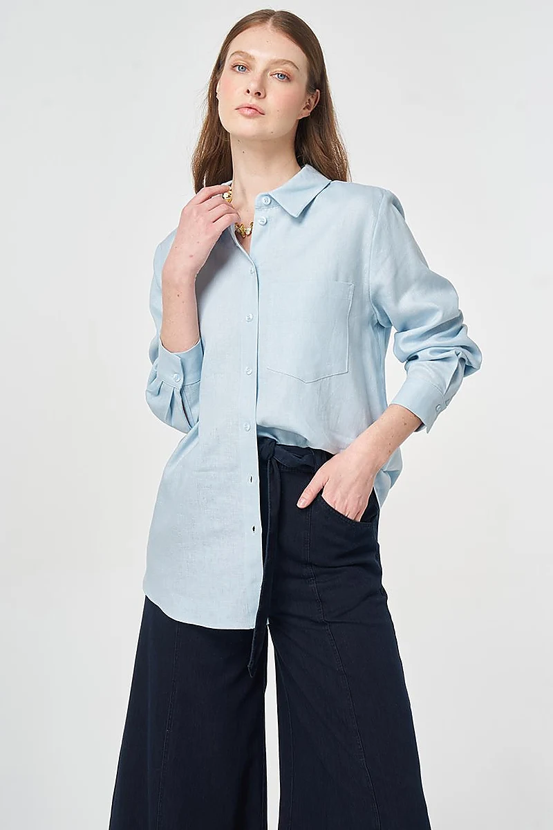 Single Pocket Cotton Lyocell Blouse Blue