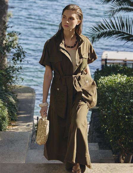 Broderie Trimmed Non-Denim Set Dark Khaki