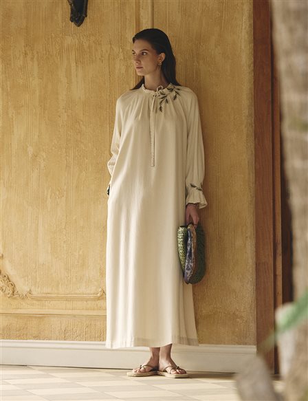 Cuff Detailed Lyocell Cotton Dress Cream