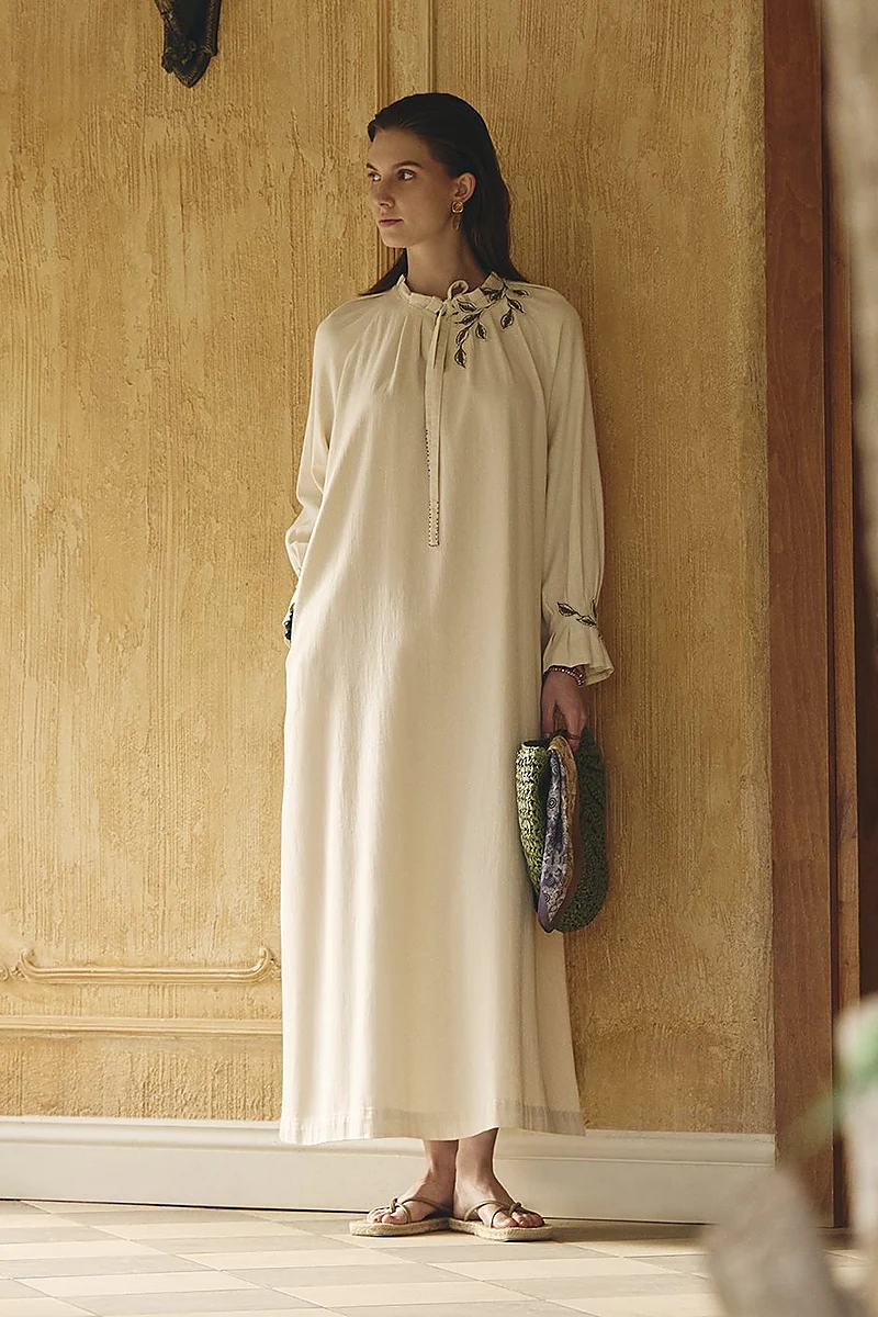 Cuff Detailed Lyocell Cotton Dress Cream