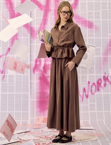 Hotfix Printed Skirt Set Chocolate