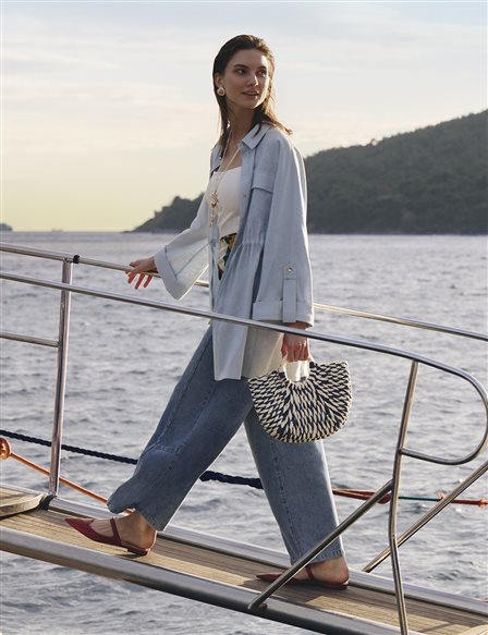 Washed Stitch-Detail Denim Pants Blue