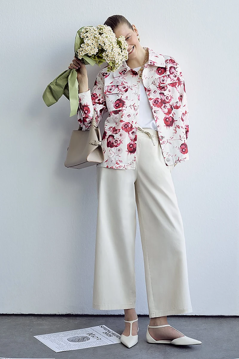 Floral Pattern Cotton Jacket Cream