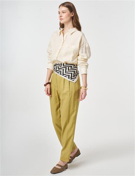 Hem Detail Linen Pants Olive Green