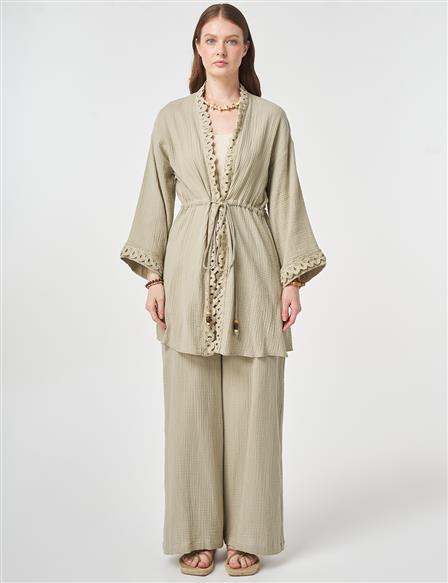 Striped Lace Detail Muslin Two-Piece Set Moss Green