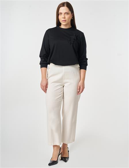 Button Detail Lyocell Cotton Trousers Cream