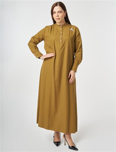 Mandarin Collar Lyocell Cotton Dress Dark Olive