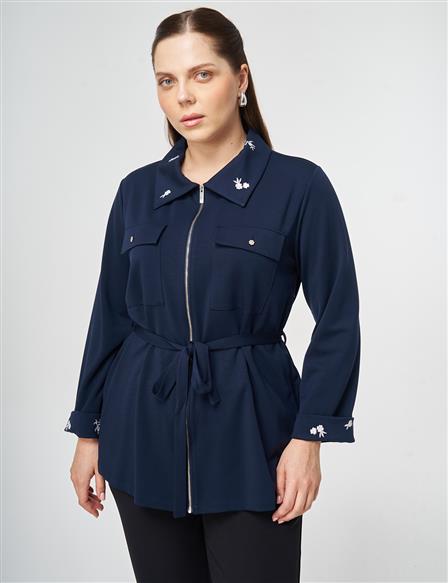 Yakası İşlemeli Modal Sweatshirt Koyu Lacivert