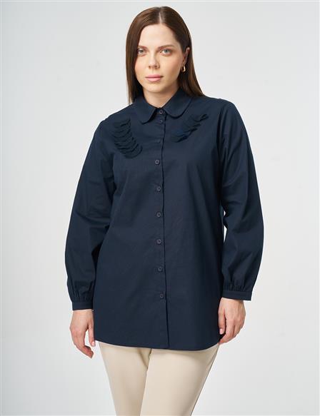 Mesh Trimmed Peter Baby Collar Blouse Dark Navy