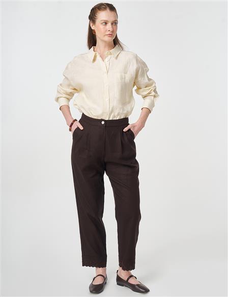 Hem Detail Linen Pants Dark Brown