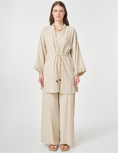 Striped Lace Detail Muslin Two-Piece Set Stone