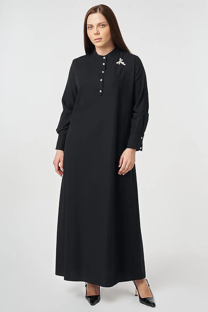 Mandarin Collar Lyocell Cotton Dress Black