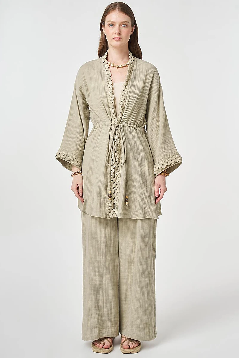 Striped Lace Detail Muslin Two-Piece Set Moss Green