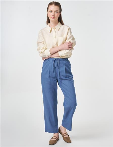 Pleated Detail Linen Pants Indigo