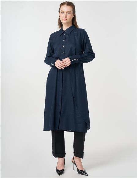 Asymmetrical Cut Linen Lyocell Tunic Dark Navy Blue