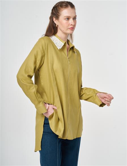 Collar-Detail Linen Lyocell Tunic Olive Green