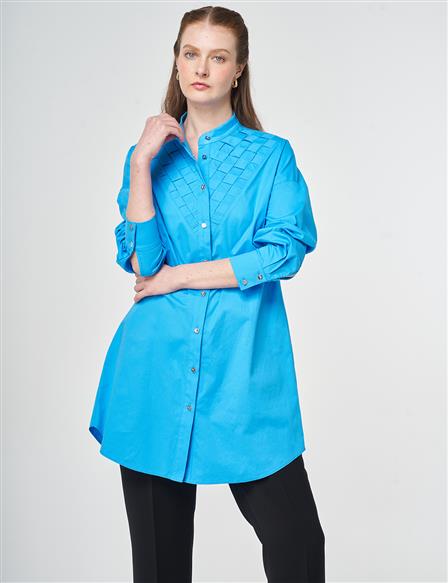 Lattice-Knit Mandarin Collar Cotton Tunic Sky Blue