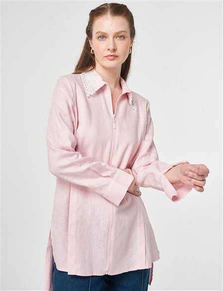 Collar-Detail Linen Lyocell Tunic Powder Pink