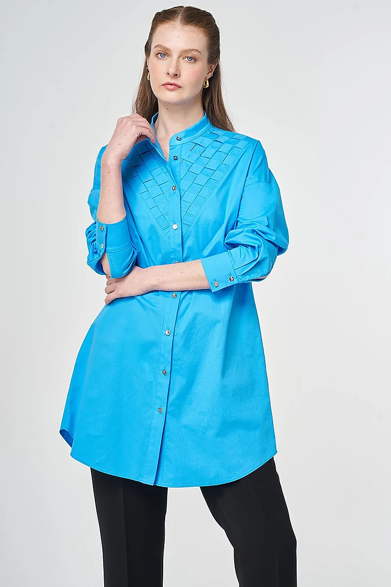 Lattice-Knit Mandarin Collar Cotton Tunic Sky Blue