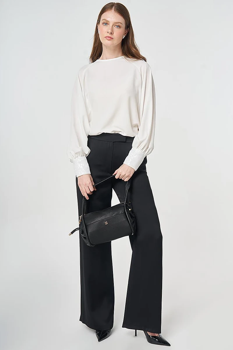 Wide Leg Satin Trousers Black