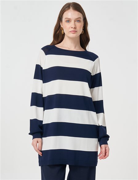 Striped Knit Tunic Dark Navy
